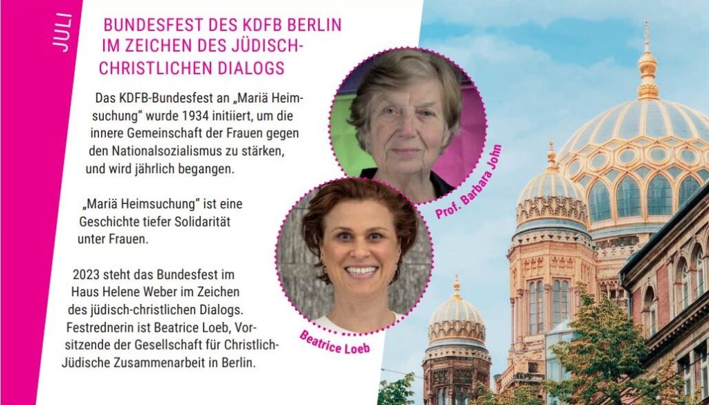 Der Ausschnitt aus dem Veranstaltungsprogramm des KDFB Berlin zeigt die Jüdische Synagoge in Berlin, den Veranstaltungstext und Porträtfotos von Prof. Barbara John und der Festrednerin Beatrice Loeb.