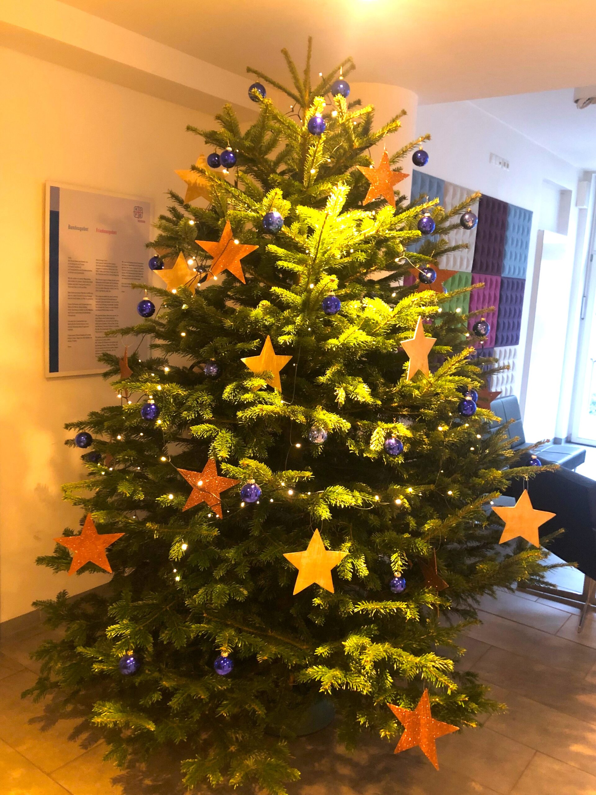 Zu sehen ist der Weihnachtsbaum im Foyer des Hauses Helene Weber. Er ist geschmückt mit blauen Kugeln, großen goldenen Pappsternen und einer Lichterkette.